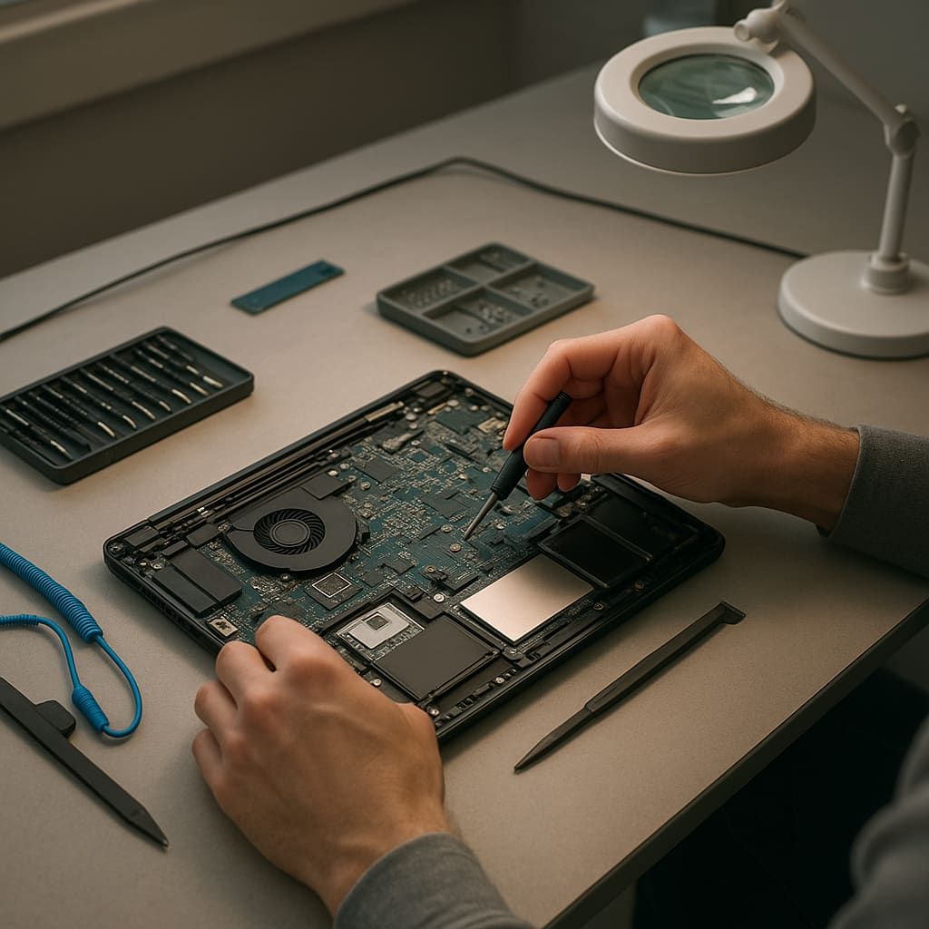 Technik pracuje na otevřeném notebooku v čisté dílně